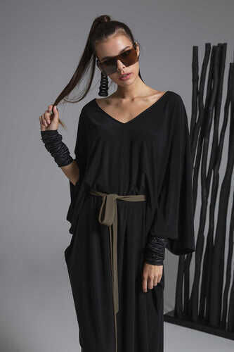 YOU V-NECK BELTED MIDI DRESS WITH BATWING SLEEVES